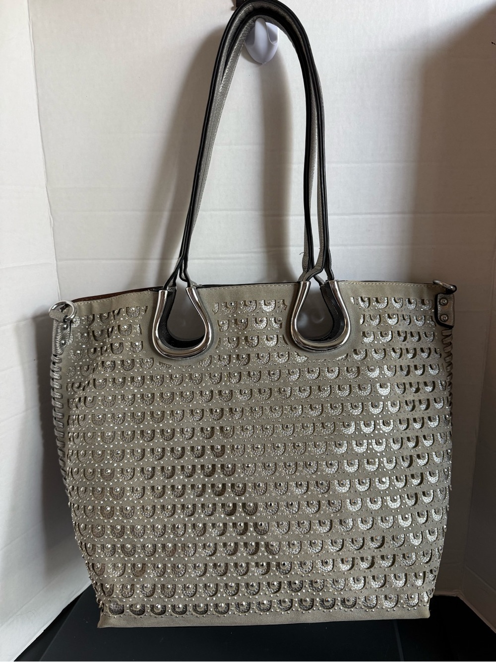 Studded Metallic Silver Tote Bag for Women